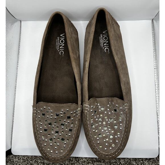 Vionic Athens Shoes Womens 9.5 Tan Suede Loafers Studded Slip On Comfort - Picture 1 of 6